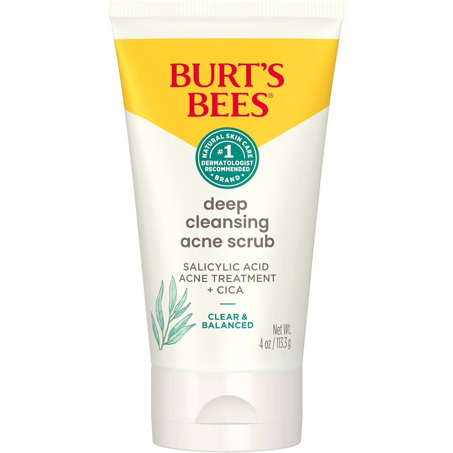 Burt’S Bees Clear and Balanced Deep Cleansing Acne Scrub, Salicylic Acid Acne Treatment with Cica, Facial Cream Exfoliator Helps Unclog Pores and Reduce Acne, 4 Oz