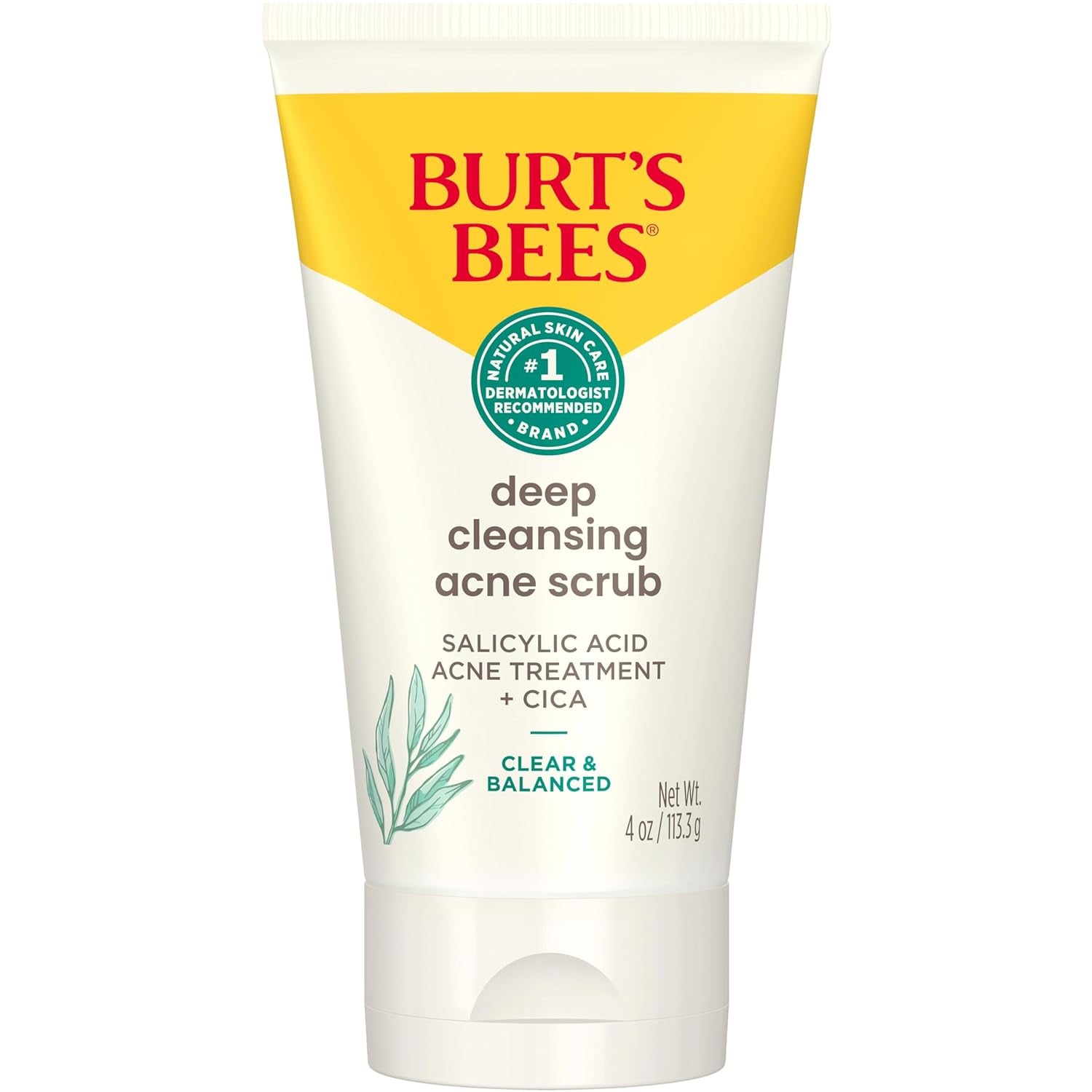 Burt’S Bees Clear and Balanced Deep Cleansing Acne Scrub, Salicylic Acid Acne Treatment with Cica, Facial Cream Exfoliator Helps Unclog Pores and Reduce Acne, 4 Oz