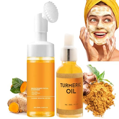 Turmeric Facial Cleanser, Turmeric Foaming Facial Cleanser + Tumeric 𝐇y𝐚lu𝐫o𝐧ic Acid Serum, Face Skincare Deep Cleaning Moisturizing for All Skin (2,Combo)