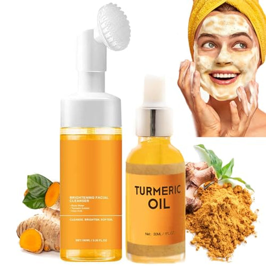 Turmeric Facial Cleanser, Turmeric Foaming Facial Cleanser + Tumeric 𝐇y𝐚lu𝐫o𝐧ic Acid Serum, Face Skincare Deep Cleaning Moisturizing for All Skin (2,Combo)