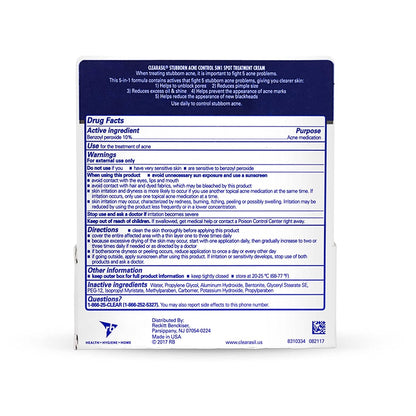 Stubborn Acne Control 5In1 Spot Treatment Cream, Maximum Strenght with 10% Benzoyl Peroxide, Acne Medication, 1 Oz