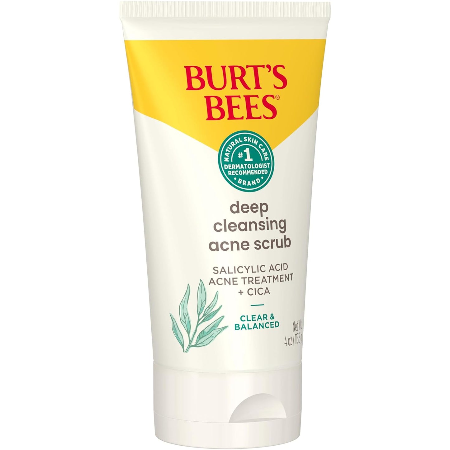 Burt’S Bees Clear and Balanced Deep Cleansing Acne Scrub, Salicylic Acid Acne Treatment with Cica, Facial Cream Exfoliator Helps Unclog Pores and Reduce Acne, 4 Oz