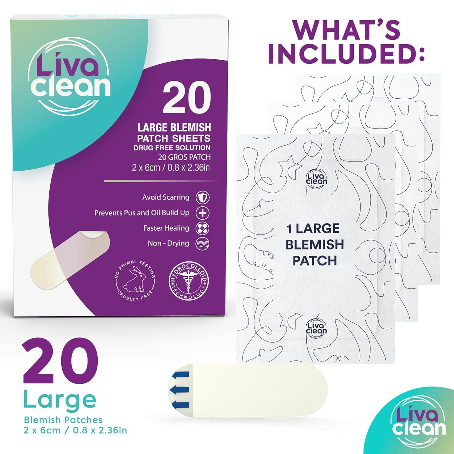 20 CT  Large Hydrocolloid Acne Patches - for Pore Spots Nose Face Cystic Pimple Zit Patch - Big Pimple Patches Hydrocolloid Bandages Strips